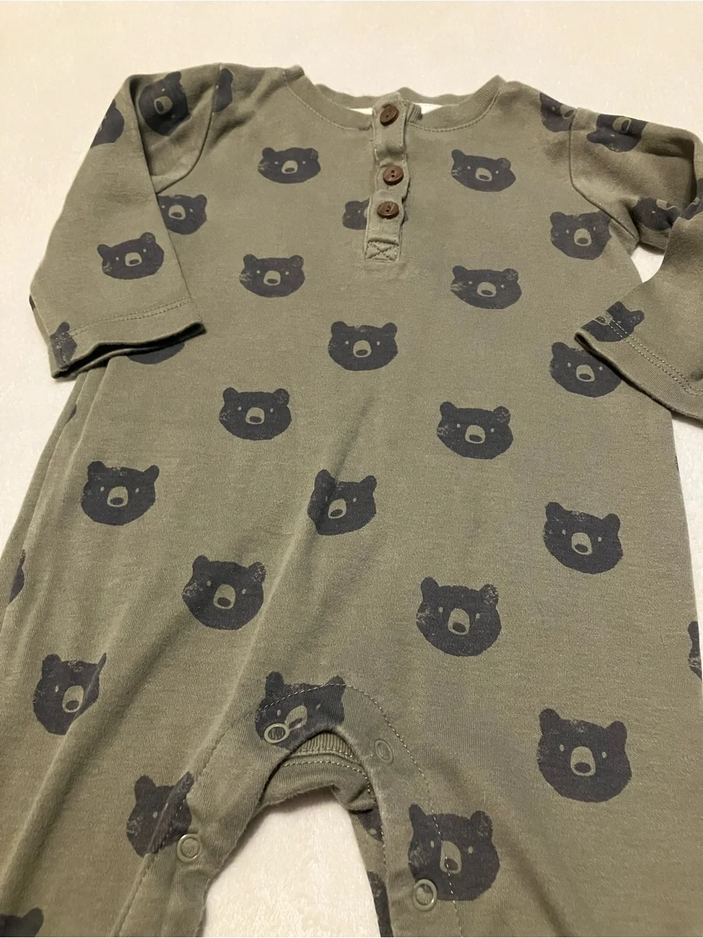Olive Green Bear Print Romper